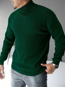 Manfinity Homme Plus Size Men's Solid Color Turtleneck Long Sleeve Casual Pullover Sweater - Army Green - View 4