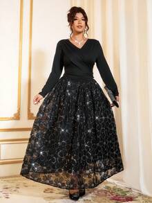 Cravure Plus Size Asymmetrical V-Neck Ruched Sequin Embroidered Hem Dress For Women