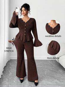 Elenzga Bộ 2 món áo thun cổ chữ V tay loe đơn giản phong cách Pháp mới thanh lịch dành cho nữ cỡ lớn và quần ống loe - Cà phê nâu - Xem 1