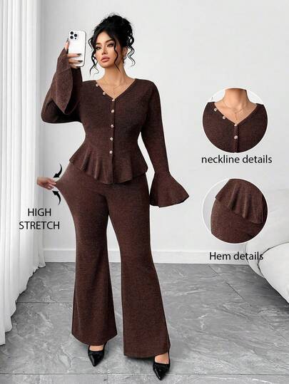 Elenzga Plus Size Women's Elegant New French Style Casual Flare Sleeve Short Asymmetrical Fitted V-Neck T-Shirt And Flare Pants 2-Piece Set Plus Size 2 Piece Sets Lounge Sets Plus Size Pant Suit Set Plus Thanksgiving Plus Size Plus Size Christmas Brown Two Piece Set Women Lounge Sets Woman Brown