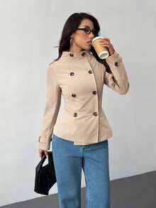 SHEIN PETITE Women's Autumn New Style Stand-Up Collar Long-Sleeved Double-Breasted Waist Trench Coat, Suitable For Daily Street Wear - Khaki - View 5