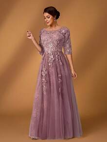 Serin Vestido de lujo con aplicaciones, cuello redondo, manga 3/4, encaje y malla, bajo en línea A, elegante y romántico para fiesta de noche, cita, boda, festival de música, adecuado para novia y madre, Día de San Valentín - Rosa vieja - Ver 8