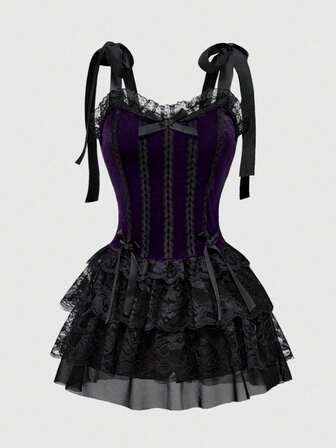 Goth Vestido de tirantes de terciopelo con recorte de encaje de estilo vintage palaciego y contraste de color para mujer en Halloween