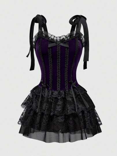 Goth Vestido de tirantes de terciopelo con recorte de encaje de estilo vintage palaciego y contraste de color para mujer en Halloween