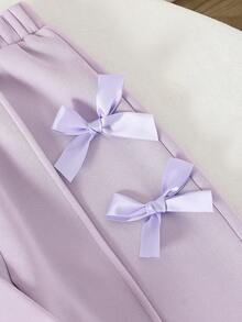 Genkimix Kids 两件套女童时尚灰色圆领长袖上衣和阔腿裤，饰有蝴蝶结，秋冬季 - 紫色 - 查看 7