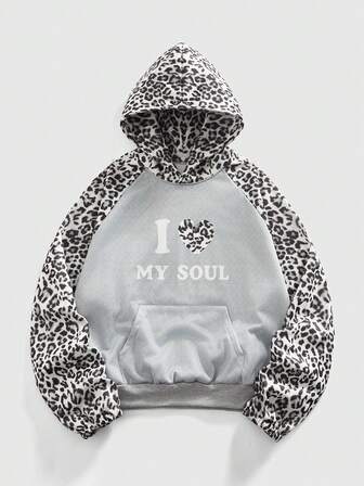 Street Life هودي رجالي بجيب كنغر وأكمام راجلان مع طباعة شعار وتصميم ملمع الفهد