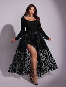 Viva Relle Đầm xòe tay dài cổ vuông họa tiết hoa thêu hoa cỡ lớn thời trang gợi cảm - màu đen - Xem 2