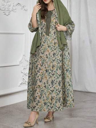 Al Najma Vestido con estampado de parches florales de unicolor con volantes y pañuelo para la cabeza, talla grande
