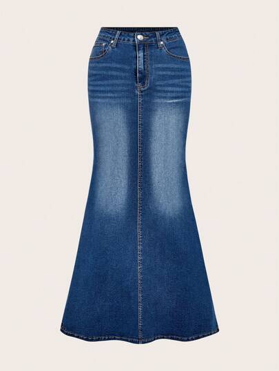 SHEIN Unity Falda larga de mezclilla con bajo de sirena para mujer, falda casual versátil y relajada con efecto estilizante