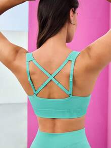 Gameset SHEIN Sport Women's Solid Color Wireless Criss-Cross Back Sports Bra - Green - View 2
