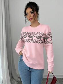 Elenzga Crew Neck Bow Decor Loose Fit Long Sleeve Women Sweaters - Pink - View 4