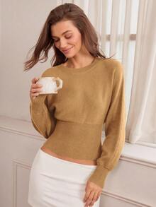 Hanevo Casual Round Neck Drawstring Waist Slim Fit Solid Color Knit Sweater, Versatile For Autumn/Winter - Camel - View 4