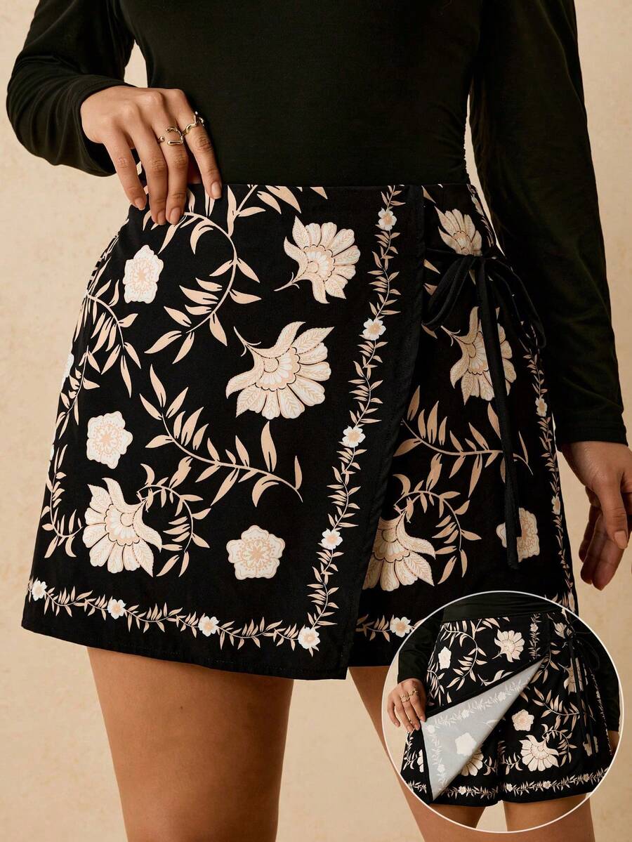 Travachic 大码波西米亚风休闲度假沙滩短裤，系带装饰，荷叶边饰边，女款