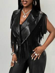 Zolique Women's Fashion Tassel Decor Design Leather Jacket,Winter For Women, Women's Winter Jacket,Winter For Women, Elegant Women Jacket, Black - Black - View 3