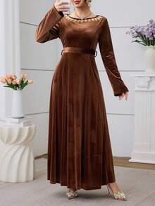 Al Najma Autumn/Winter Rhinestone Collar Long Sleeve Elegant Party & Outing Women's Arabic Dress - Coffee Brown - View 4