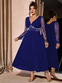 Cravure 大码女士奢华派对礼服，甜心领口透视闪亮长袖修身连衣裙，秋冬款 - 藍色 - 查看 4