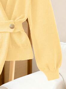 Franclia Women's Elegant High Neck Loose Cinched Waist Design Asymmetrical Hem Pullover Sweater, Winter Sweater For Women Women Sweaters Turtleneck Yellow Sweater Butter Yellow Clothes Yellow Sweater Women's Sweaters Yellow Turtleneck Sweater - Yellow - View 5