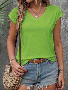 SHEIN LUNE Women's Solid Color Spaghetti Strap V-Neck Short Sleeve Blouse, Fashionable & Suitable For Summer - Green - View 4