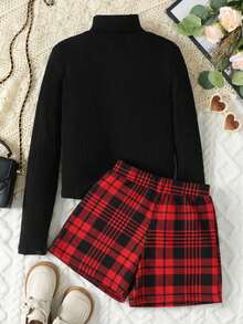 SHEIN 少女修身休闲简约舒适高领毛衣和格子迷你裙套装 - 彩色 - 查看 4