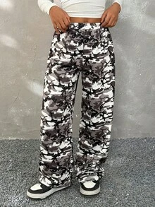 Coolane Kids Pantalones anchos con estampado de camuflaje y cordón en la cintura para niñas preadolescentes, ropa para padres e hijos - Gris - Ver 3