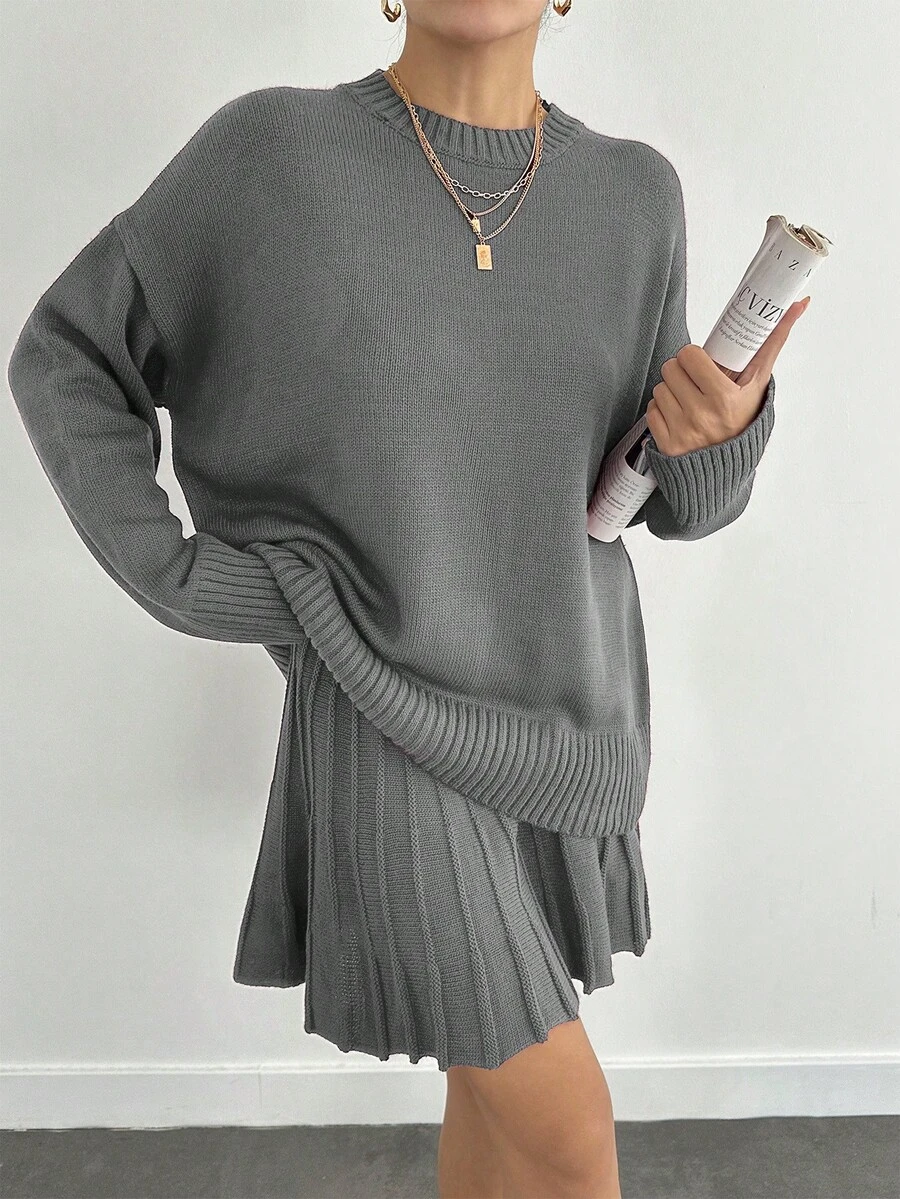 Bộ đồ len Burgundy sang trọng dành cho nữ – Áo len ấm áp kết hợp chân váy cùng tông cho vẻ ngoài sang trọng vượt thời gian - Xám - Xem 1