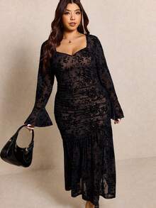 Elaquor Plus Size Elegant Ruched Waist Fitted Maxi Black Dress For Women,Velvety Fabric Keyhole Neckline,Autumn Formal Evening Wedding Party Modest Dresses - Black - View 3