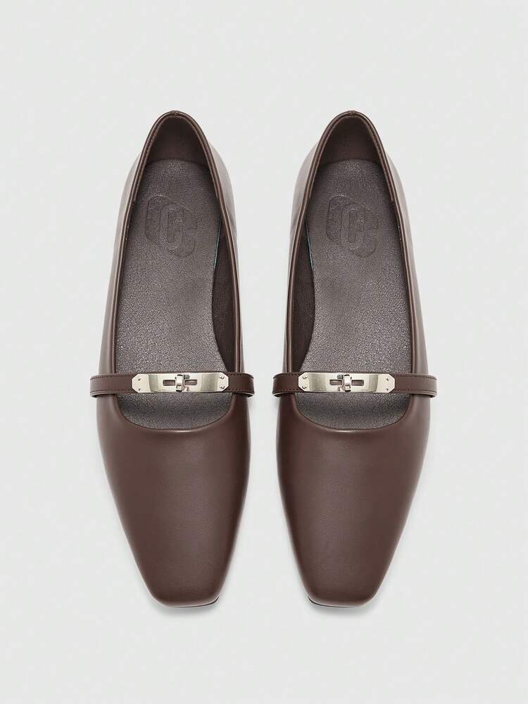 CUCCOO BIZCHIC Women's Square Toe Flat Coffee Color Metal Buckle Slip-On Flats, Comfortable Casual Mary Jane Shoes For Dresses For Christmas Spring Shoes