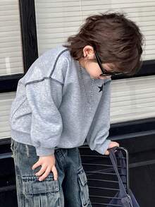 DAZY Young Boy Pentagram Print Loose Fit Crew Neck Drop Shoulder Long Sleeve Sweatshirt - Grey - View 5