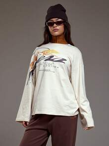 MUSERA Oversized Mountain Map Graphic Long Sleeve Top  Coolgirl Cosy Cute Outdoors Explorer Spring Graphic Tee Summer Holiday Casual - White - View 1