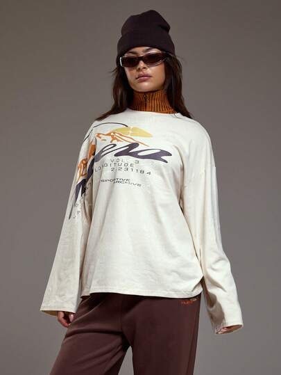 MUSERA Oversized Mountain Map Graphic Long Sleeve Top Winter Coolgirl Cosy Cute Outdoors Explorer Spring Graphic Tee Summer