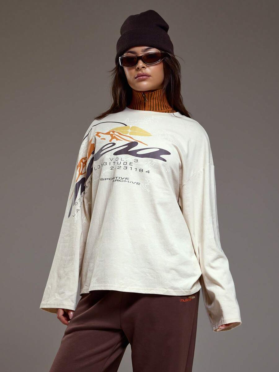 MUSERA Oversized Mountain Map Graphic Long Sleeve Top Coolgirl Cosy Cute Outdoors Explorer Spring Graphic Tee Summer Holiday Casual - White - View 1