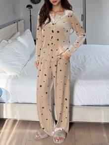 DAZY 2 pezzi Set pigiama donna con stampa a stelle in velluto, manica lunga e pantaloni, autunno/inverno - Cachi - Visualizzare 8
