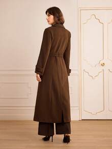 Lilora 女士翻领长袖系带优雅通勤长款外套棕色风衣女士风衣外套女士长款棕色外套冬季女士优雅长款羊毛和PU拼接外套，非常适合圣诞节。 - 棕色 - 查看 3