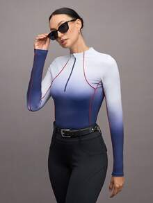 Activina Áo thun cưỡi ngựa tay dài có khóa kéo nửa thân màu ombre dành cho nữ - Màu xanh lam - Xem 5
