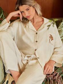 Lullawish Women's Beige Palm Tree Embroidery Beach Lounge Set Sleep Wear, Winter Clothes - Beige - View 3