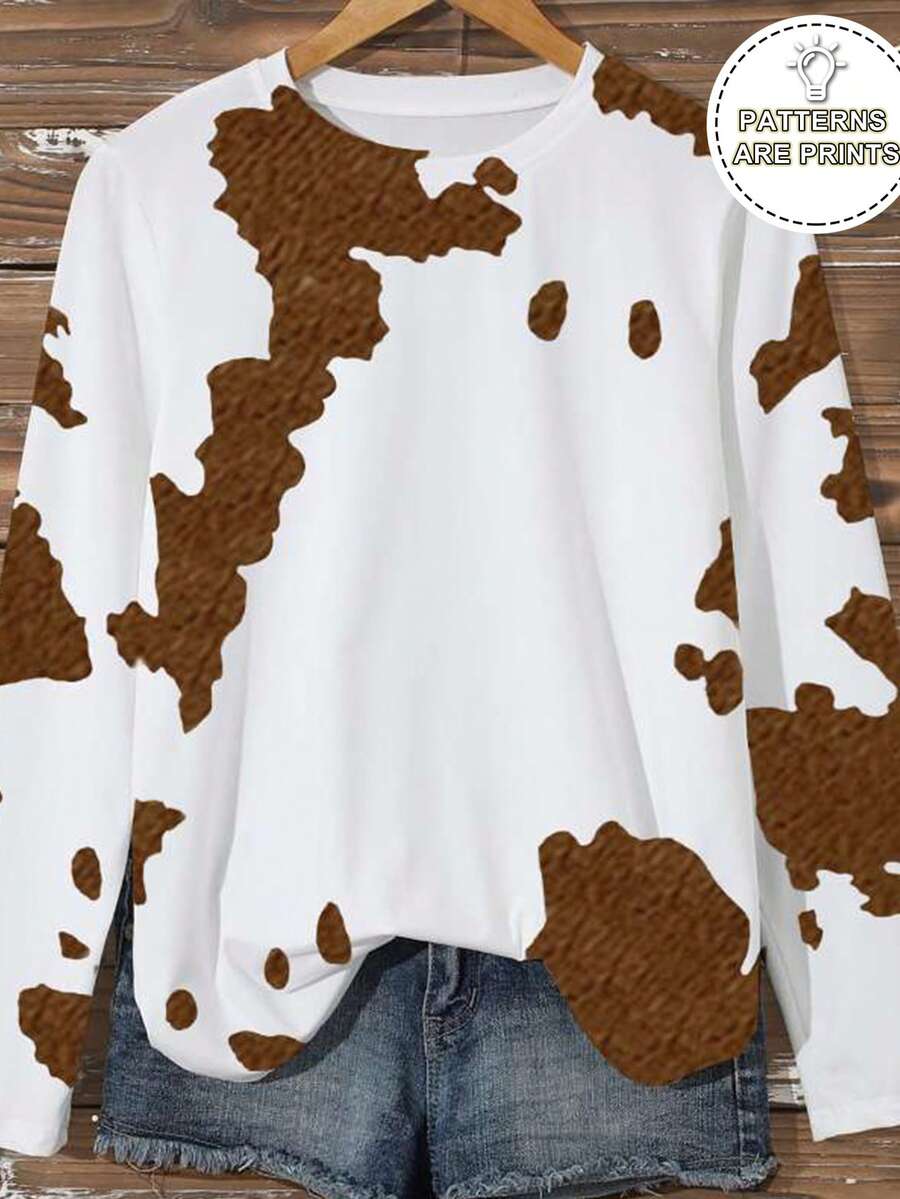 INAWLY Casual Colorblock Cow Print Long Sleeve T-Shirt Fall Cloth For Women - White - View 1