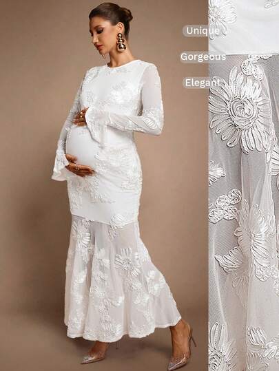 MaterniChic Elegant Party Solid Color 3D Flower Mermaid Maternity Dress Maternity  White Dress Luxury Evening Dress  Chic Evening Dress Elegant   Baby Shower Dress Sexy Maternity Dress