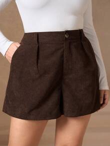 Chikora Plus Size Women Casual Loose Solid Color Wide Leg Brown Shorts Elegant Modest Winter For Christmas New Year Brandy - Brown - View 4