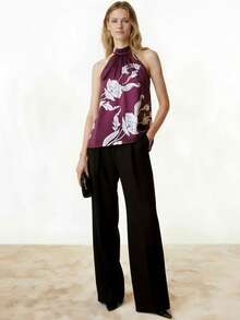 Maija 女士优雅通勤印花露背吊带上衣，夏季圣诞新年海滩度假红色上衣，节日社交上衣