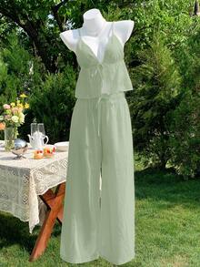 Comfortcana Bộ 2 quần yếm và quần vải lanh cotton màu xanh nước biển dành cho nữ, Xuân/Hè - Màu xanh Bạc hà - Xem 3