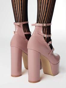 ROMWE 女士厚底搭扣设计时尚迷人高跟鞋，适合派对场合 - 藕粉色 - 查看 5