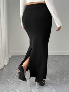 Dazy Plus 纯色优雅弹力腰修身裹身鱼尾裙，秋冬毛衣裙 - 黑色 - 查看 2