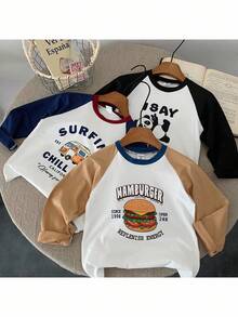 3件套幼儿男童卡通字母图案长袖T恤，休闲日常可爱运动上衣，秋冬季