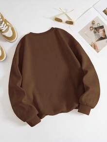 INAWLY 女士卫衣/反社会/读书会/刺绣工艺/休闲简约时尚卫衣/女士宽松休闲圆领上衣/秋冬 - 咖啡棕 - 查看 3