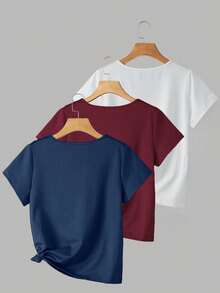 INAWLY Bộ 3 áo thun cổ chữ V tay ngắn, thoải mái và đa năng dành cho nữ, màu đỏ rượu, xanh navy, trắng, mùa hè - Nhiều màu - Xem 2