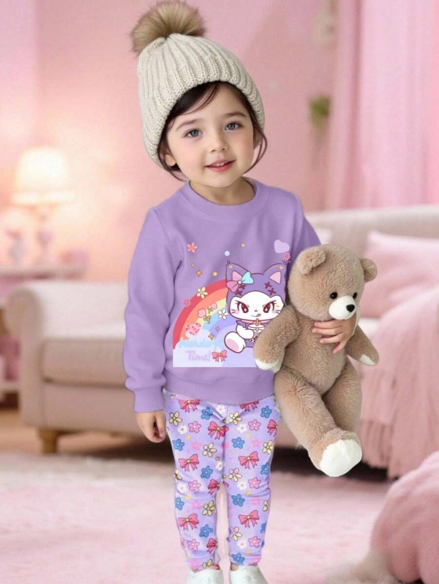 2件套可爱女婴休闲渐变紫色兔子印花针织柔软长袖卫衣和打底裤套装，适合秋冬季节，舒适时尚，女童服装，幼儿套装，适合日常穿着、户外野餐、街拍、居家、学校、假期、送礼 - 彩色 - 查看 1