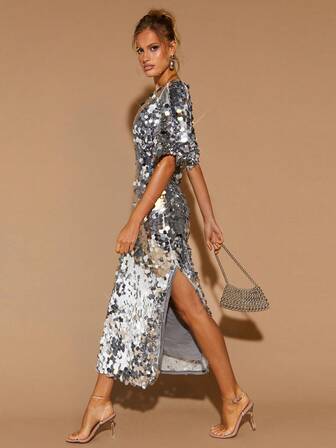 COSMINA 女性用エレガントな半袖ウエストシンチ ミドル丈ドレス、パーティー、バレンタインデー、デートに適しています