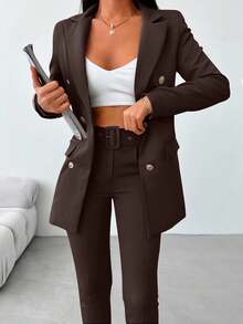 EURMUSE Bộ vest blazer tay dài hai hàng khuy trơn màu và quần âu cho nữ - màu nâu - Xem 1