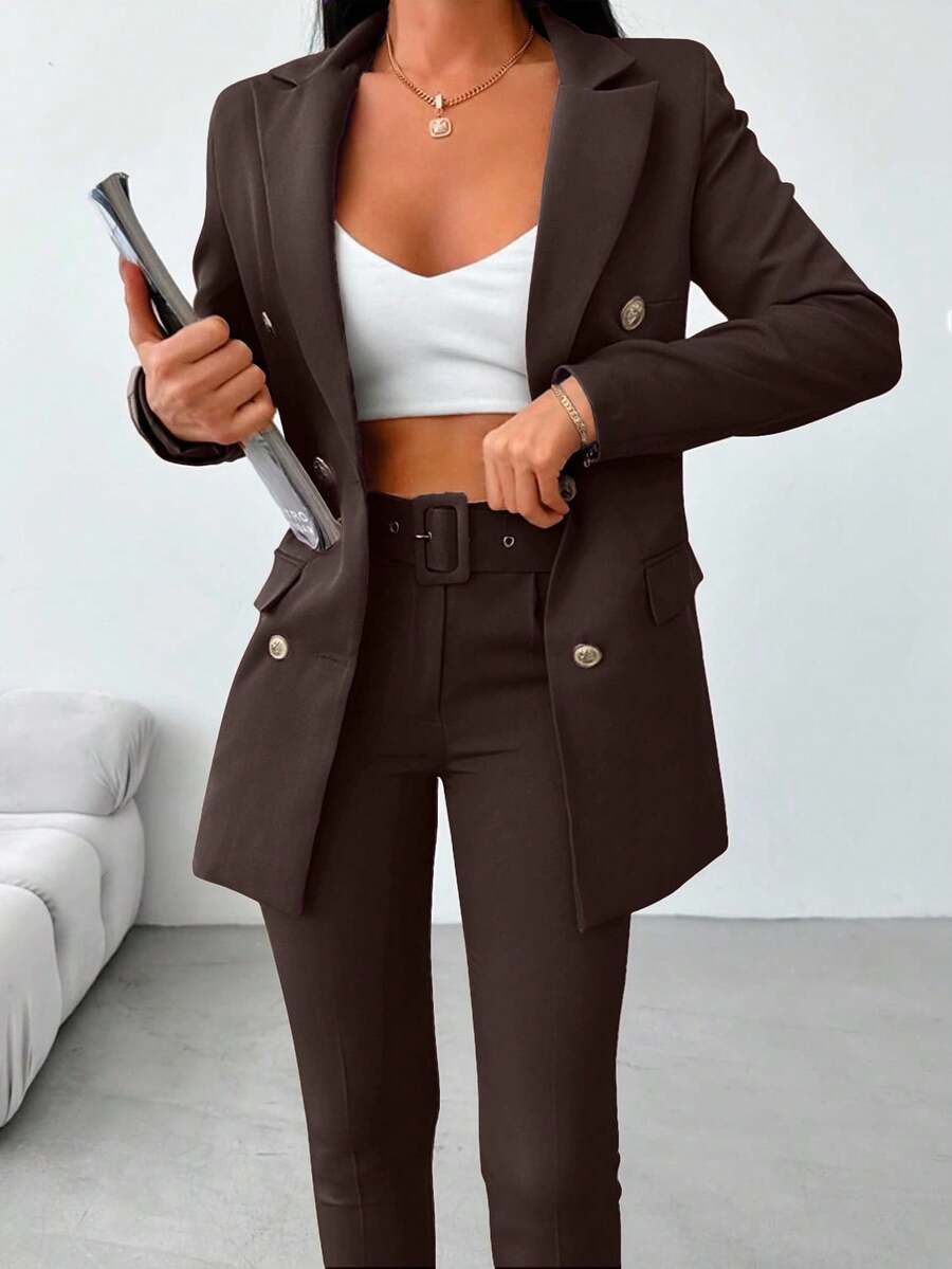 EURMUSE Bộ vest blazer tay dài hai hàng khuy trơn màu và quần âu cho nữ - màu nâu - Xem 1