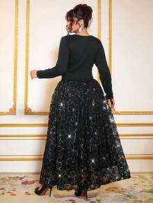 Cravure Plus Size Asymmetrical V-Neck Ruched Sequin Embroidered Hem Dress For Women